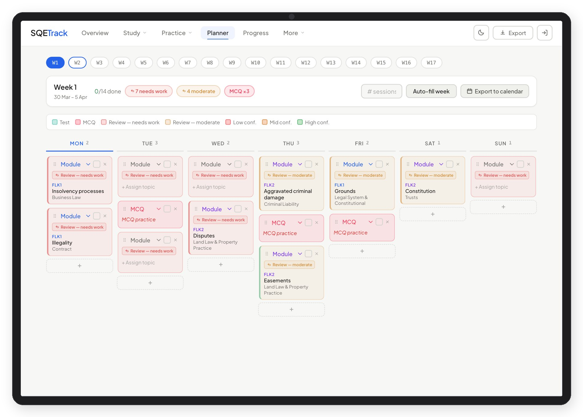 SQETrack on iPad — weekly revision planner