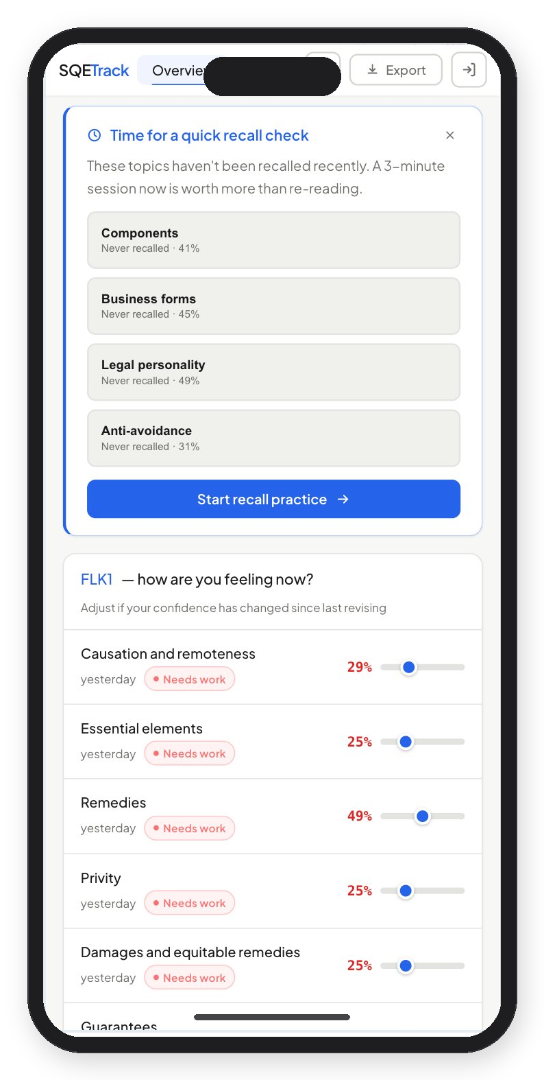 SQETrack on iPhone — priority topics and confidence tracking